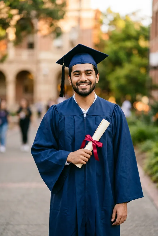 Graduate in gown holding a degree certificate