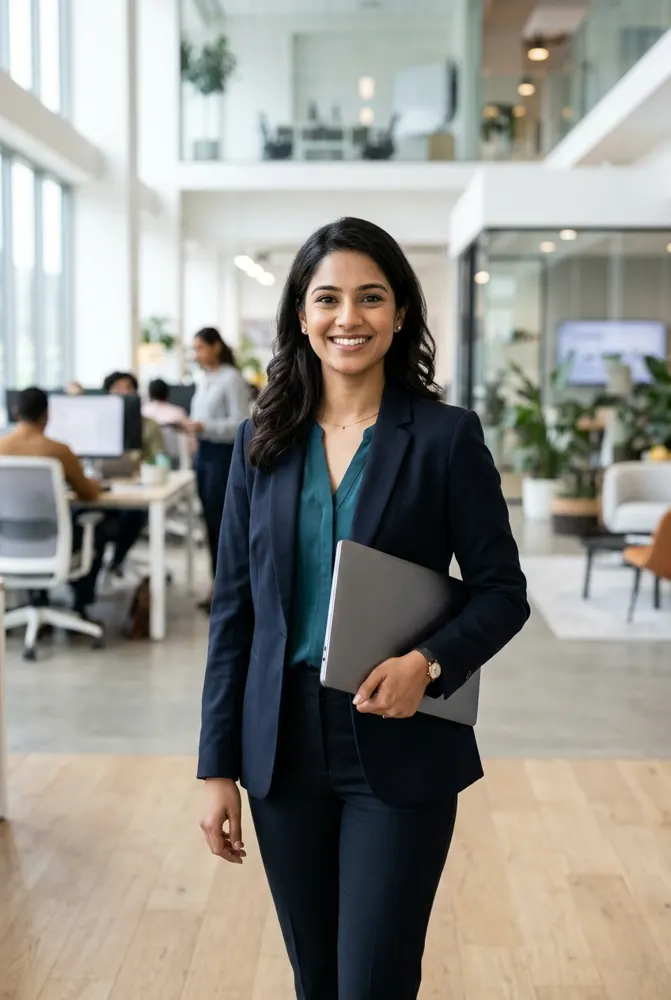 Young professional in an office holding a laptop
